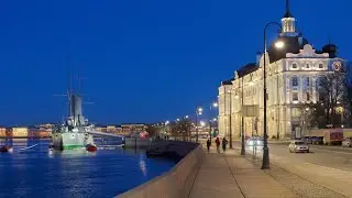 🇷🇺 4K Evening illumination of Saint Petersburg. Cruiser Aurora, embankments, historical buildings.
