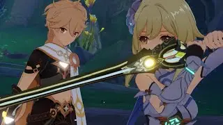 Cutscene — Lumine reunites with Aether as they fight side-by-side… only to be separated again.