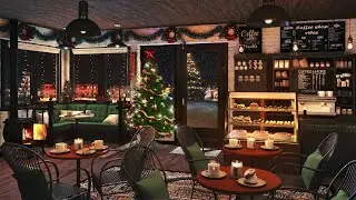Christmas Coffee Shop Ambience with Christmas Jazz Songs, Crackling Fire & Snow Falling | 4K