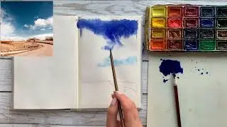 Рисуем пейзаж акварелью с красивым небом.