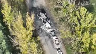 A convoy of Russian military equipment destroyed during a retreat near Lyman