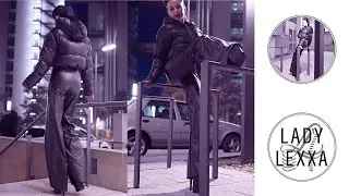 WALKING IN HIGH HEELS AND LEATHER JUMPSUIT IN THE MIDNIGHT SKY OF MUNICH. PLEASER SHOES BEYOND