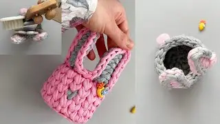 idea for Easter 2022 ●cute bunny ● bunny basket●round basket with checkmarks made of knitted yarn