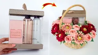 Idea: gift wrapping. Making flowers from candies in a basket