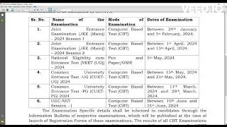 NTA EXAM 2024 DATE l  JEE MAIN I NEET I CUETUG I CUETPG I UGCNET EXAM DATES JEE MAINS