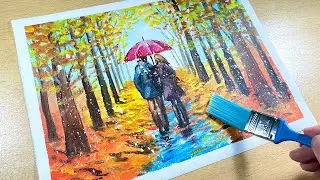 How To Paint A Couple In The Rain / Fall Landscape / Acrylic Painting