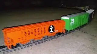 G-scale Twilight Night Run Outside On The Patio, USA Trains, MTH Daylight, and Piko