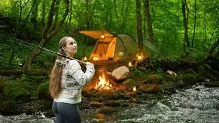 ☁️ 2 Days of Survival Camping by a Wild River | Fishing, Waterfall & Campfire | ASMR