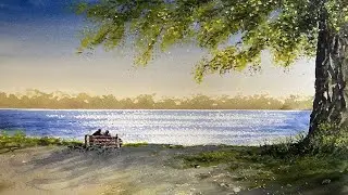Как рисовать весеннее дерево и блики на воде.  Акварель. How to paint spring  lake bank. Watercolor.
