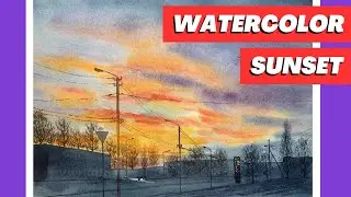 Realistic watercolor sunset painting