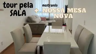 Tour pela sala + Nossa Mesa Tampo de Vidro 6 Cadeiras Espanha Yescasa Ypê/Off White/Tecido Pena