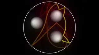 A ball orbiting 3 spheres but the gravity is increasing.