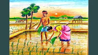 How to draw scenery of Village cultivation  step by step/Village cultivation scenery drawing