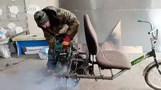 трицикл с двигателем бензопилы дружба.первый выезд.