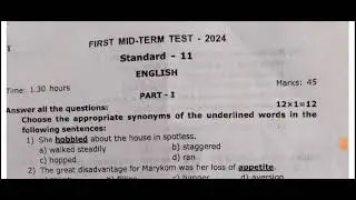 11th English First mid term test Original Question Paper 2024|11th English 1st mid term Exam 2024|