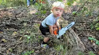 Chainsaw video for kids | Cutting, hauling, splitting, and stacking firewood with dad!