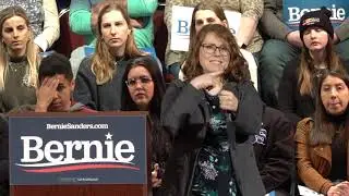 Deaf People for Bernie FB group founder Sarah Wilson addresses Sanders Rally before NH Primary.