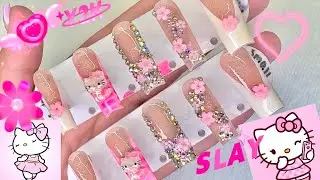 Cute Hello Kitty Nail Art Tutorial💞|Bling French tip Nails| Press On Nails