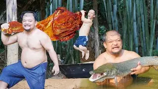 Build a stove to cook goat legs and rocket fish on a giant pan in the wild rainforest - Dwarf Food