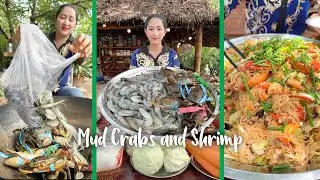 Mommy Chef Sros Cook Mud Crab and Shrimp with Glass Noodle So Delicious | Cooking with Sros