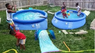 Arnold & brother having fun with inflatable pool & slip & slide - How to set up summer wave pool