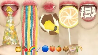 asmr EMOJI FOOD HONEY JELLY 🍯🍫🌈🦴🔵🍑🍊🍪🍜🌾 이모지 먹방 eating sounds