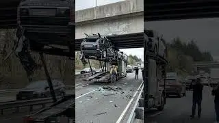 He was hauling a car on a trailer… but forgot how tall the SUV was on the top deck 😳