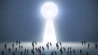 People moving towards a glowing keyhole
