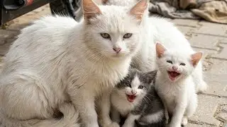 Showing affection to a mother cat guarding her kittens in the street