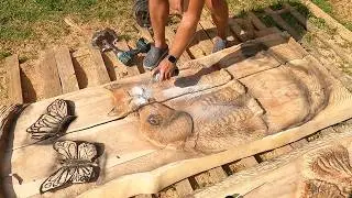 Chainsaw carved  puppy and kitten