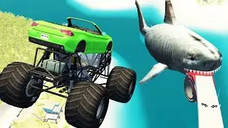 Beamng Drive - Jumping from springboard into mouth of huge shark (jumping crashes, big megalodon)