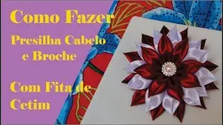 Como fazer flor de fita de cetim, passo a passo na presilha jacare e broche, flores kanzashi