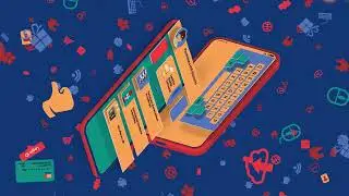 Two mobile phones in isometry and a pattern of web icons on a blue background