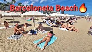 Barceloneta Beach🌊⛱️Hot Day🔥☀️Barcelona🇪🇸 4k Walk