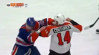 Sean Couturier fights Troy Stecher after collision with Stuart Skinner - [ Both Broadcasts ]