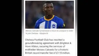 Chelsea record €115 m deal: Moises caicedo to join on eight years contract #sportsnews #chelsea