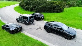 Tug of War Tesla vs. Lambo, Ranger Rover, and G63