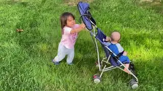 Toddler Takes Baby on a Walk in Stroller