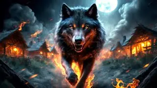 Fierce black wolf running through burning village image prompt | dashhash
