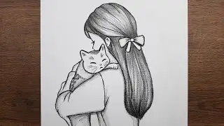 Kedi ve Kız Çizimi - Kedi Seven Kız Resmi Nasıl Çizilir - Kolay Karakalem Çizimleri