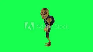 Isolated 3D zombie on green screen shooting with gun right angle cartoon character funny cute cg