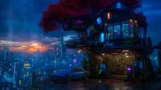 Ambient Cyberpunk - Rainy Neon Treehouse Retreat | Immersive Rain Ambience for Deep Focus | 4k