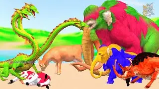Giant Hydra Dinosaur Attack Baby Elephant Cow Bull Saved By Zombie Mammoth Epic Battle Fight