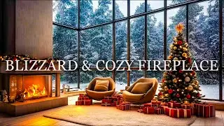 Winter Blizzard and Cozy by the Fireplace in the Christmas Living room | Sounds for Sleep, Rest,Asmr