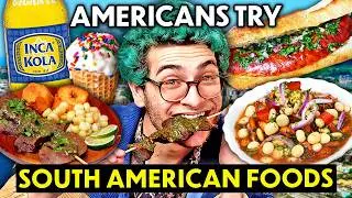 Americans Try South American Food For The First Time! (Choripan, Anticuchos, Cevichocho)