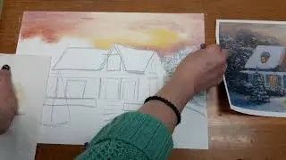 рисуем "Заснеженный дом на закате"