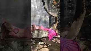 Did you catch the rainbow? Pink mermaid enjoys a magical waterfall 🌈 #mermaid #rainbow #h2o #nature