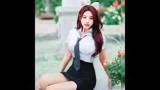 Грудастая корейка в юбке и кофте