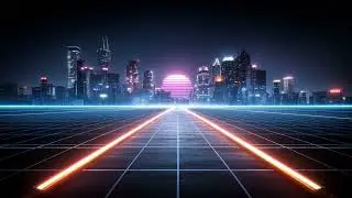 Synthwave Cyberpunk Cityscape Neon Grid Road Purple Sun Seamless Motion Background Loop 4K 60FPS