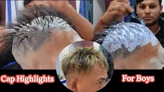 Golden highlights on black hair for boy 2025 Cap Highlighting |Blonde Highlights #barberram  